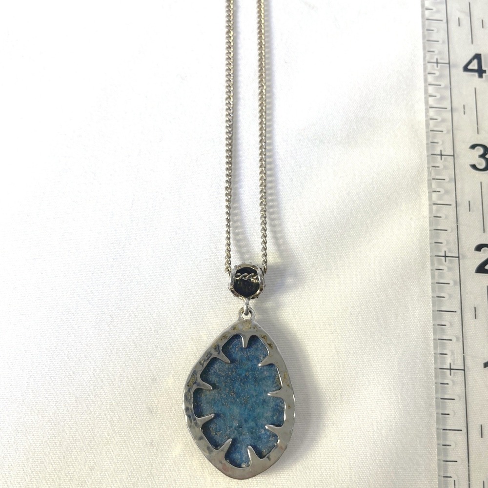 Vintage Lapis Lazuli Teardrop Pendant Necklace Long Chain Blue Gold Fleck Boho - Picture 12 of 16